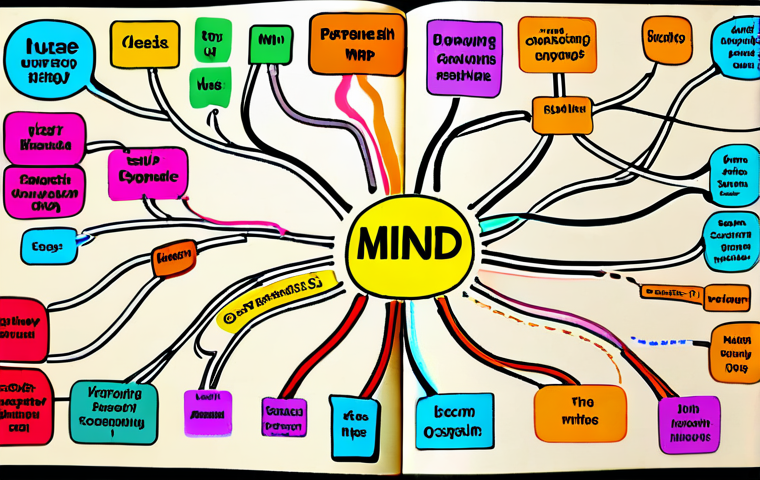 **Mind Mapping Visualization**: Create an illustration of a mind map that shows interconnected ideas and concepts related to personal organization and brainstorming. Use vibrant colors and different shapes to represent various thoughts branching out from a central theme.
