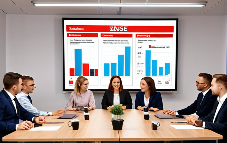 **
A dynamic, modern office setting with diverse professionals collaborating around a table. Focus on positive energy and team synergy. In the background, a large screen displays a SWOT analysis matrix ("Mocne Strony," "Słabe Strony," "Szanse," "Zagrożenia" clearly labeled in Polish). Visual elements should suggest growth, innovation, and strategic planning. Perhaps include a subtle Polish flag or a cityscape of Warsaw in the background to subtly ground it in the local context. Style: Clean, professional, slightly stylized, with warm lighting.
**
