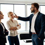 A diverse team of professionals in a modern, brightly lit office space, engaged in an open and trusting discussion. Some are gesturing, some are listening intently, all conveying a sense of psychological safety and candid communication. Subtle visual elements like interconnected lines or a supportive foundation could symbolize an "invisible safety net," fostering innovation and the freedom to express ideas and make mistakes without fear. The atmosphere is collaborative, respectful, and encourages genuine interaction. High-quality, realistic, soft lighting.