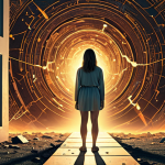 **Prompt:** A person (gender-neutral) with a visible knot of anxiety in their stomach, standing on ground that is metaphorically cracking and dissolving into a chaotic, abstract digital landscape. Behind them, blurred lines and symbols represent rapidly advancing technology and market shifts. In the distance, a faint, ethereal door or pathway begins to glow, symbolizing the dawning realization of a new direction or opportunity. The mood shifts from fear and paralysis to a subtle glimmer of determination. Dynamic lighting, conceptual art, high detail, realistic, sense of transition.